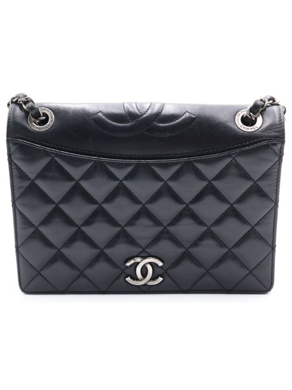 Chanel Quilted Lambskin Shoulder Bag Black Silver